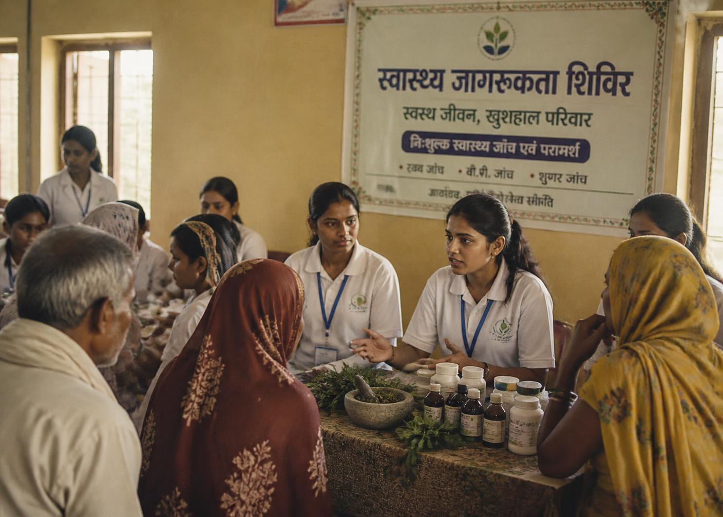 Community health awareness camp run by Ayurvedic practitioners