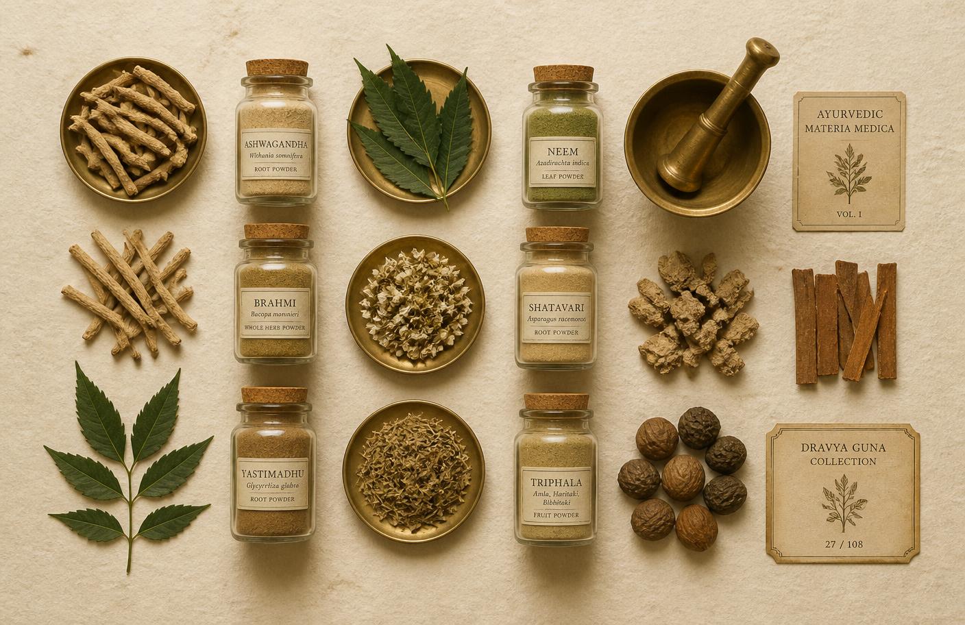 A precise grid of Ayurvedic herbs and powders